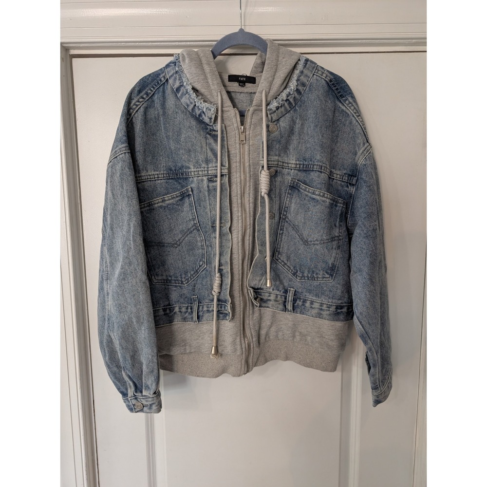Fate Womens Mixed Media Denim‎ Jacket Hoodie Light Wash Grey Zip Up M/L basics